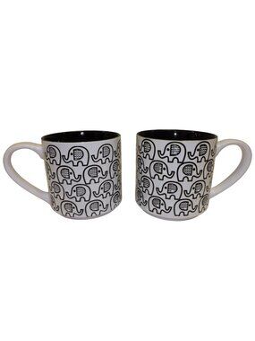 Graydon Hall 2 Ceramic Coffee Mugs Black And White Elephant Pattern